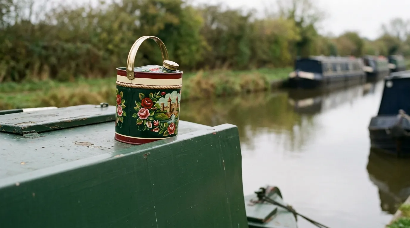 A hand-painted Buckby water can with roses and a castle scene on a cabin roof