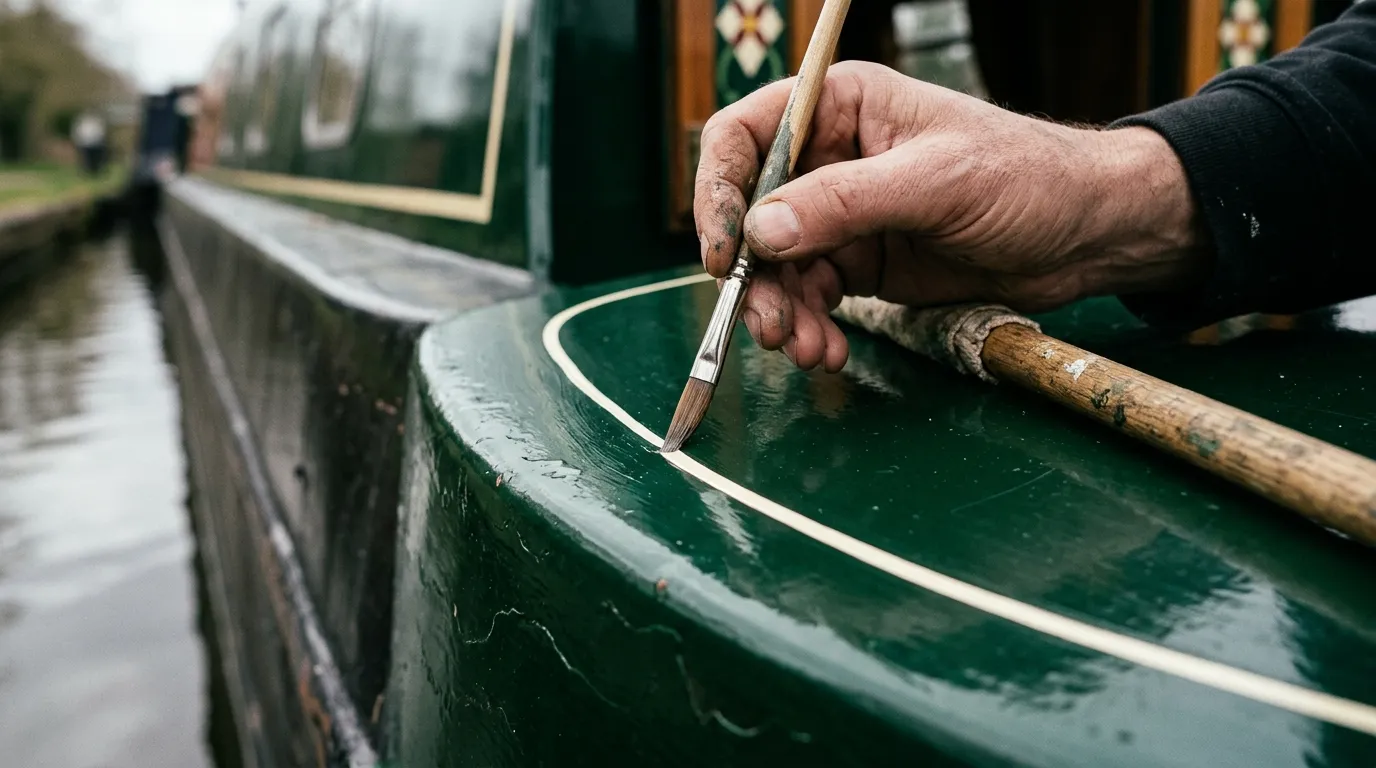 A lining brush drawing a fine cream coachline across a green narrowboat panel