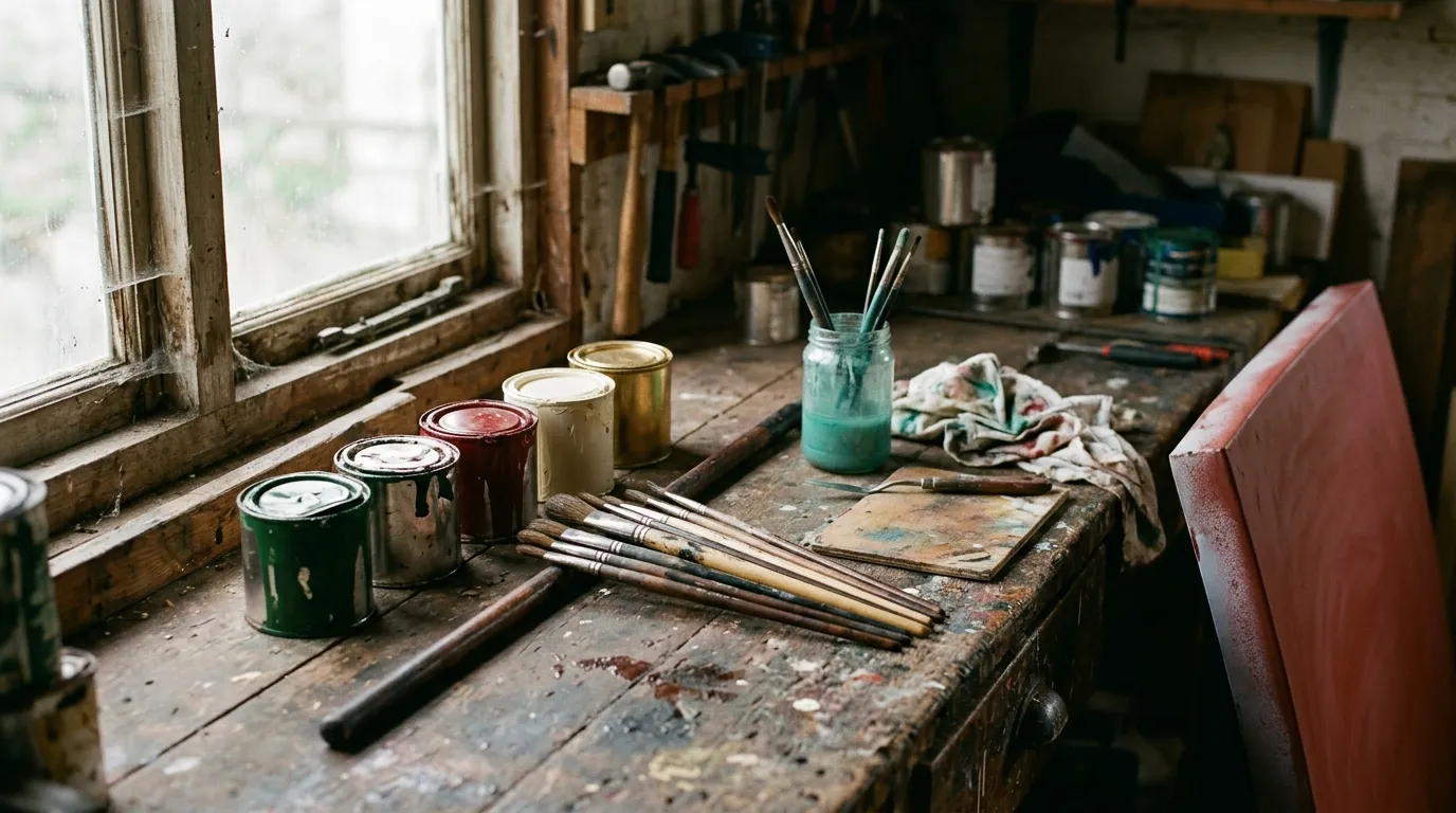 A canal signwriting bench with enamel tins and lining brushes