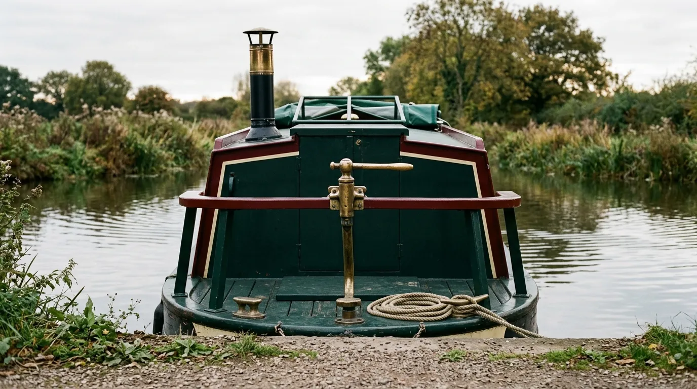 The stern of a moored narrowboat in late afternoon light, tiller and coiled rope