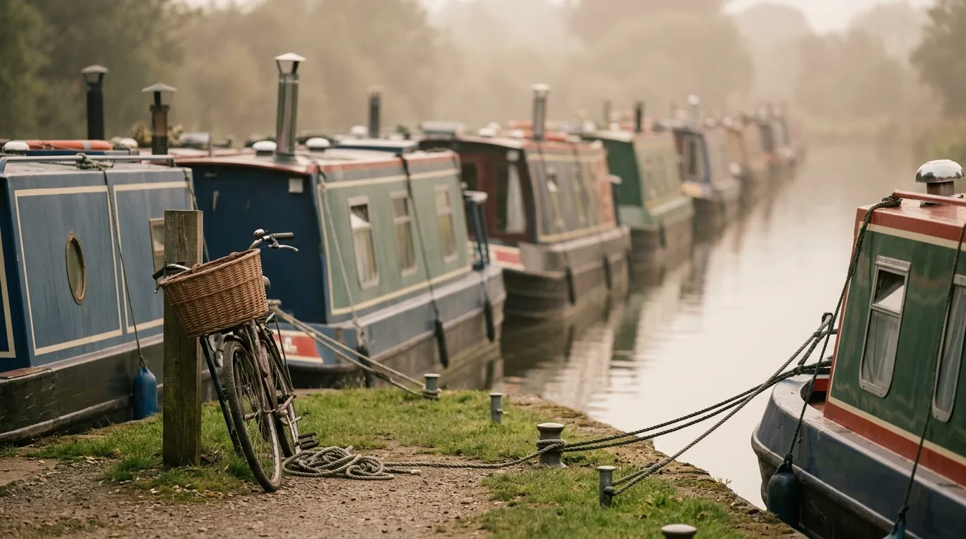 Narrowboats moored bow to stern along a visitor mooring on a summer afternoon