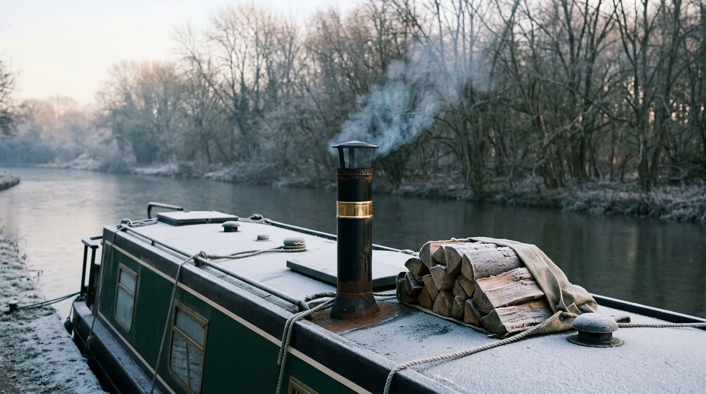 A narrowboat chimney smoking on a frosty morning, logs stacked on the roof