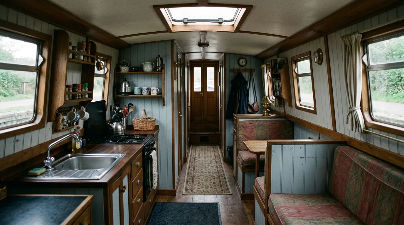 The full length of a narrowboat cabin, showing a compact galley on one side and a built-in dinette opposite.