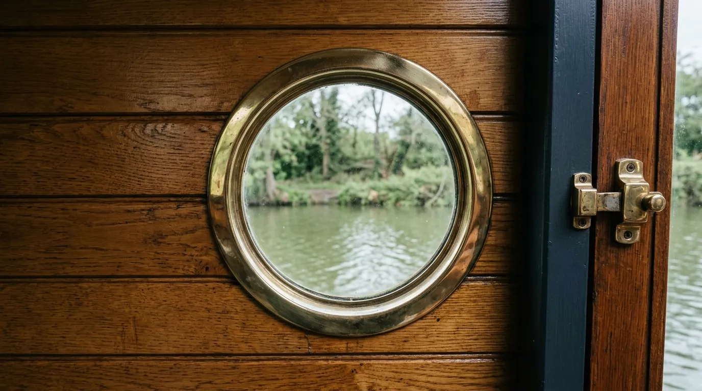 Close detail of varnished timber panelling and a polished brass porthole rim in a narrowboat cabin.