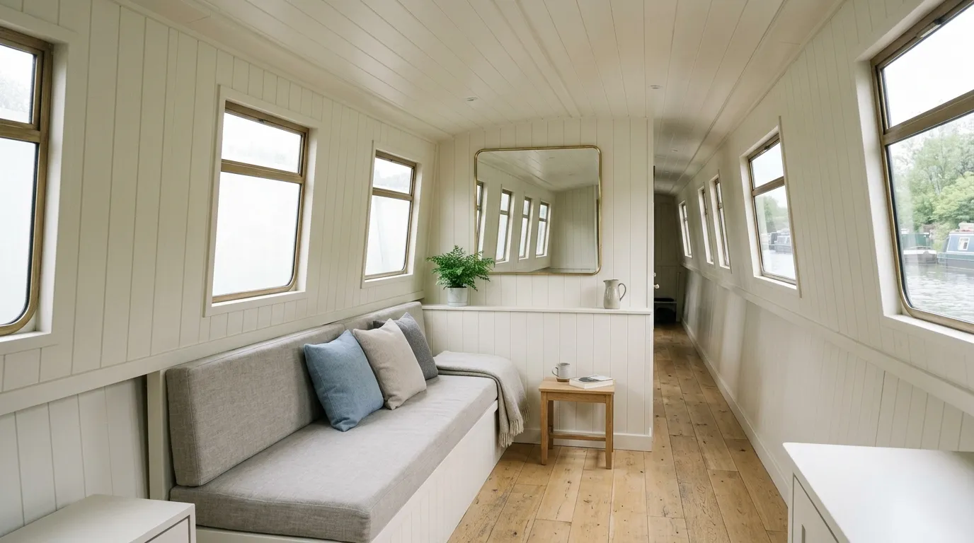 A pale-panelled narrowboat saloon with a low bench beneath a run of windows and a mirror reflecting daylight.