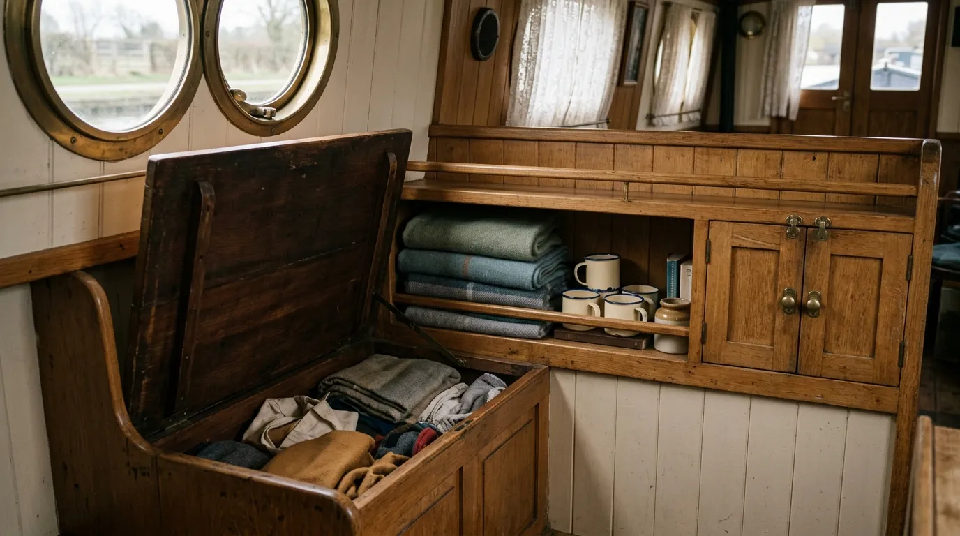 Illustrated cabin storage: an open seat box, shelves holding blankets and mugs, and a small cupboard
