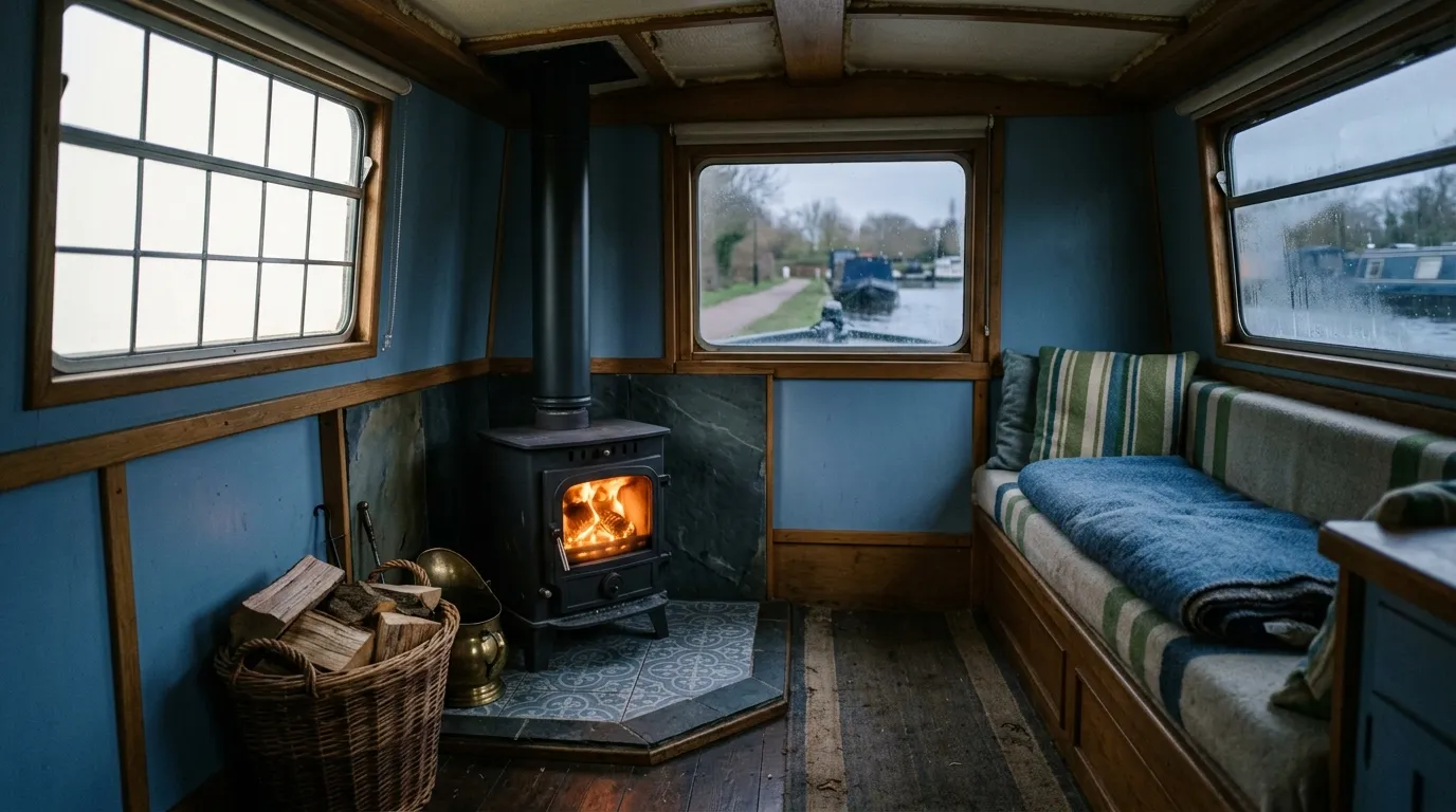 A small solid-fuel stove burning on a tiled hearth in the corner of a narrowboat cabin, with a log basket beside it.