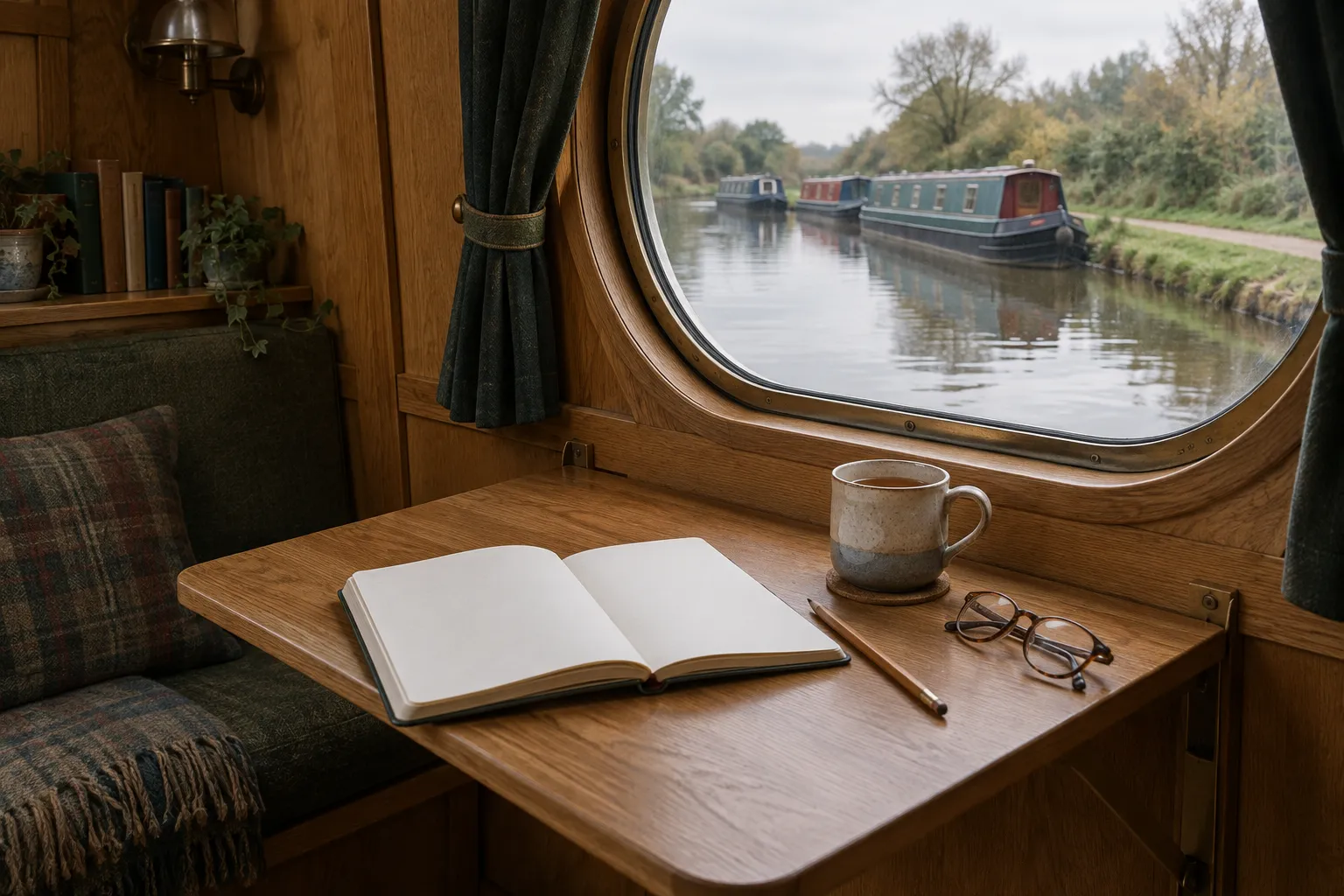 An open notebook, a pencil and a mug of tea on a fold-down table in a narrowboat cabin, the canal through the porthole