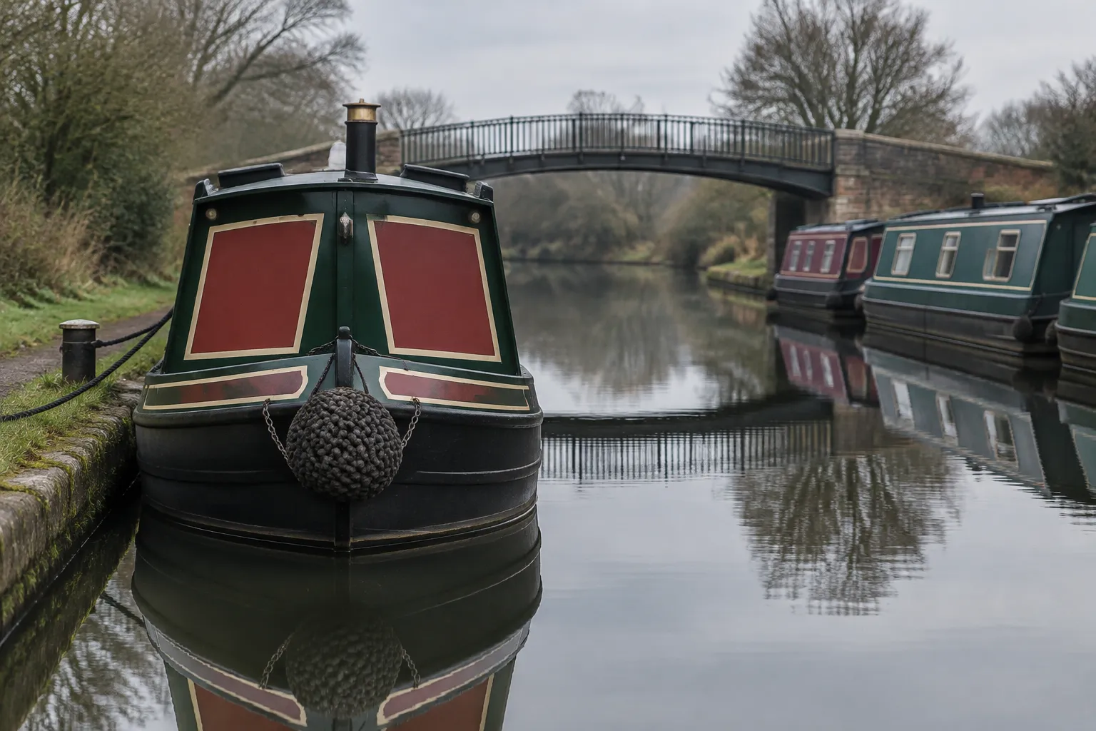 The painted bow of a green and red narrowboat moored by a towpath, a footbridge and more boats behind