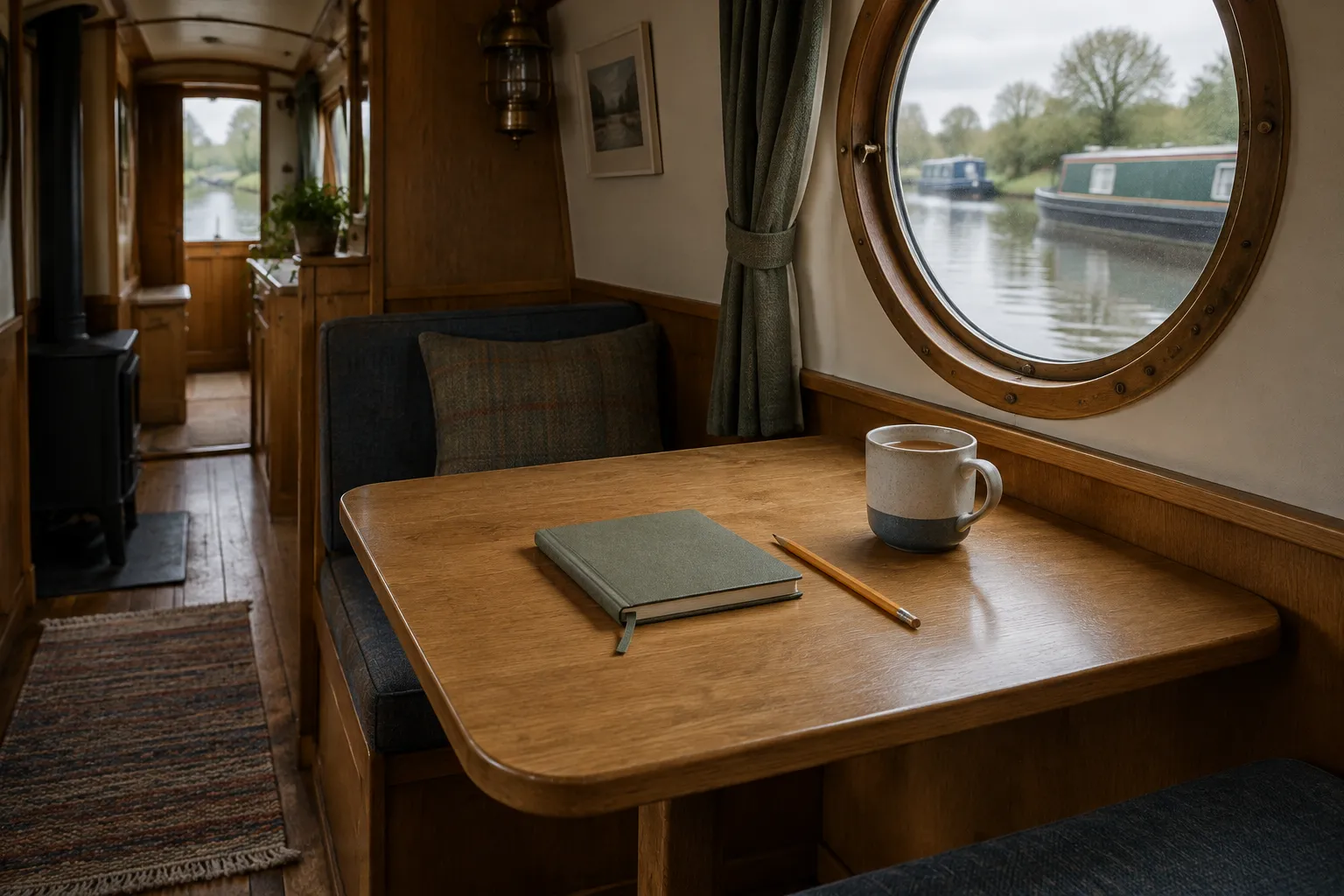 A notebook and pencil on a wooden cabin table by a round porthole looking out on the canal