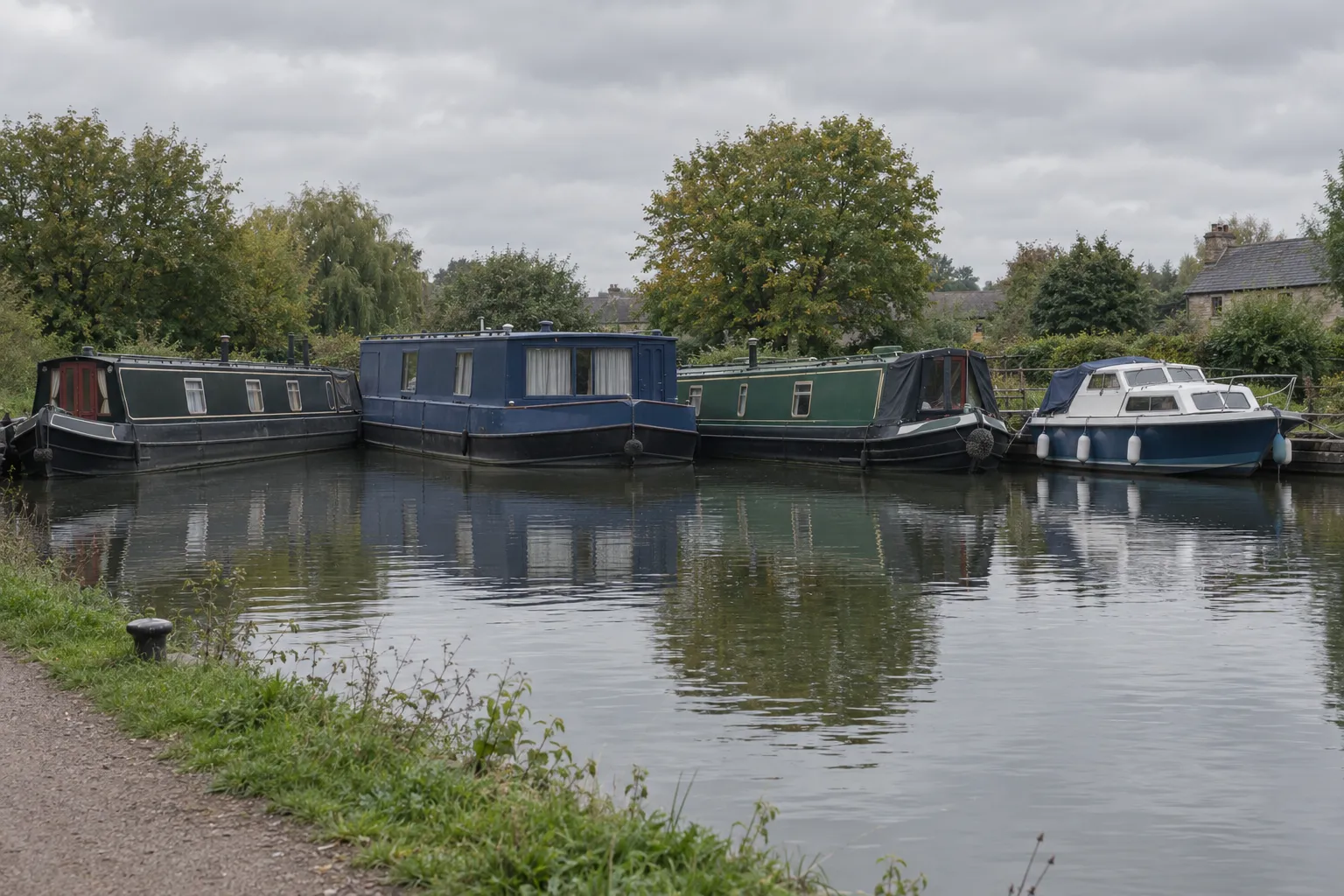 Three narrowboats and a small cruiser moored nose to tail along a canal bank under trees