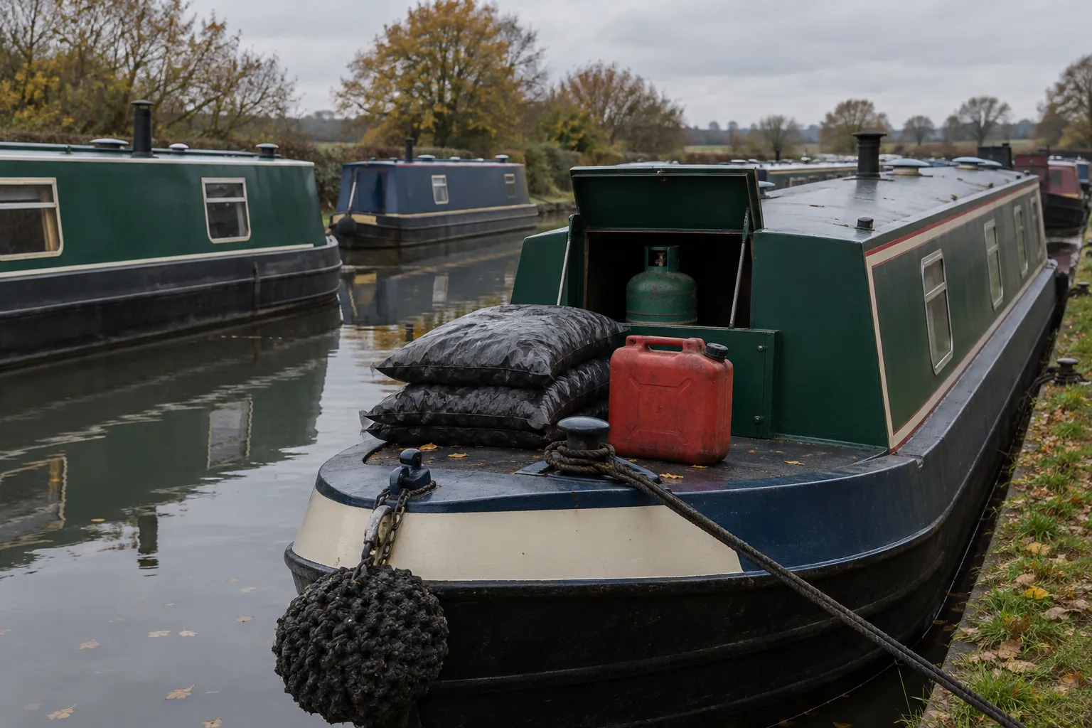 Coal sacks, a red fuel can and a gas bottle on the bow of a moored narrowboat in autumn