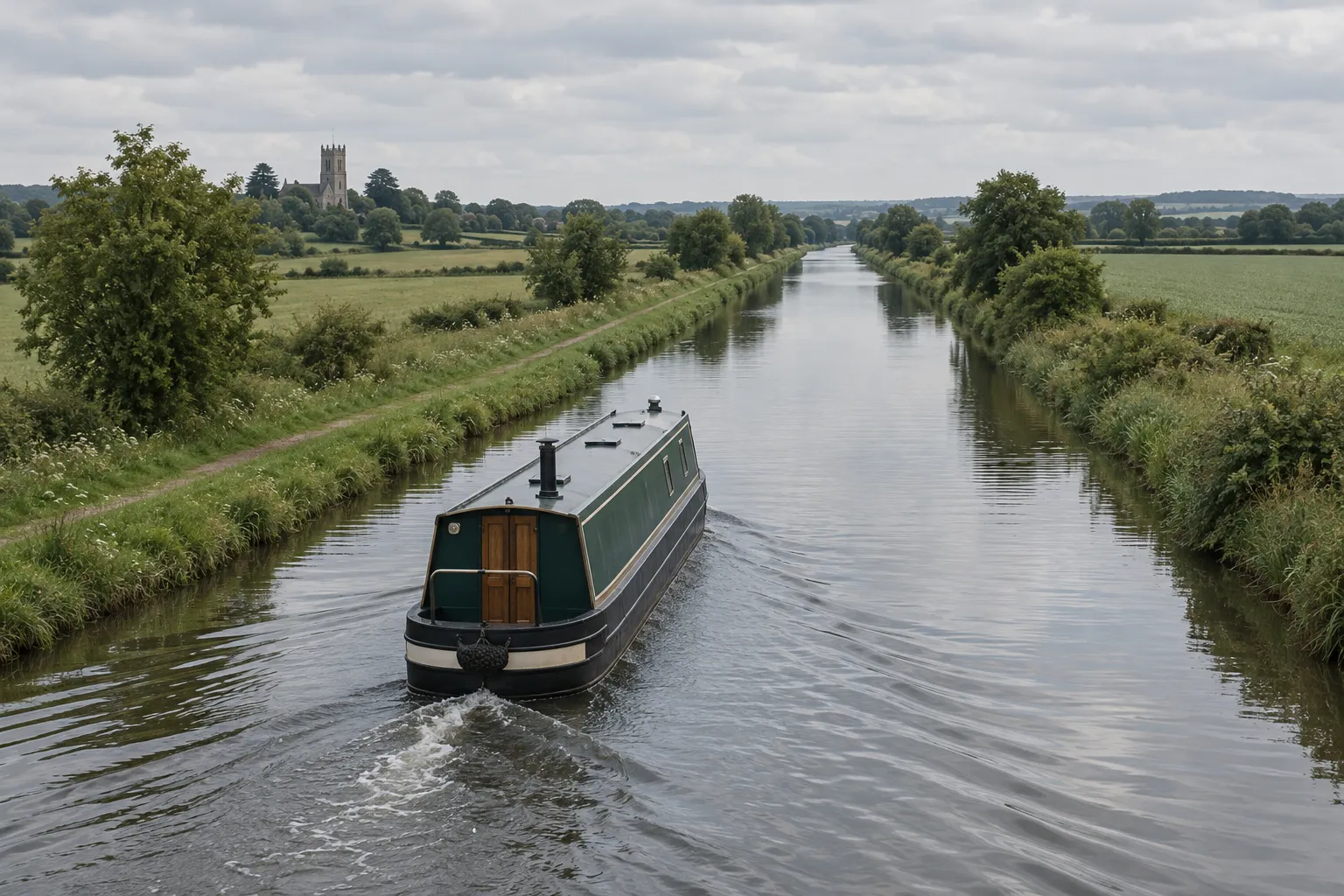 A green narrowboat cruising away down a straight, tree-lined canal through farmland
