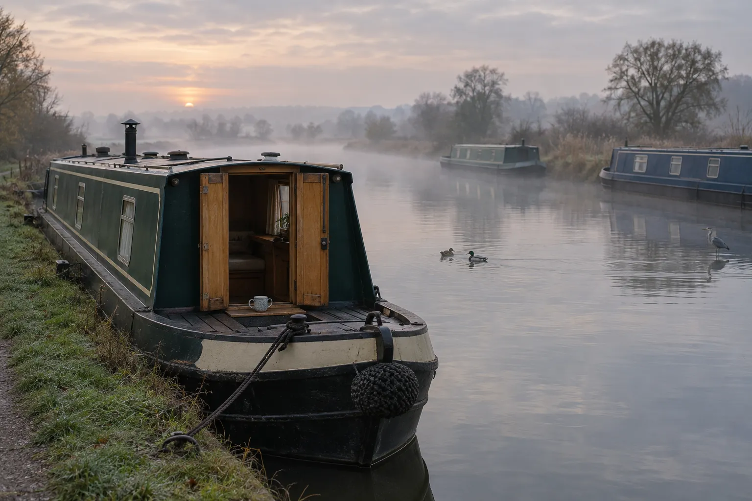 A narrowboat moored on a frosty towpath at dawn, mist over the water and a heron in the shallows