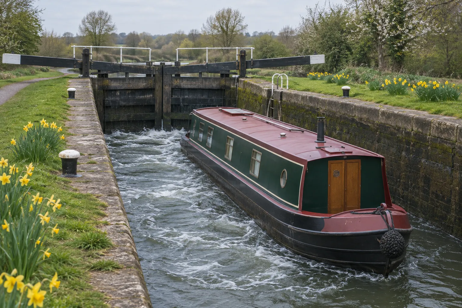 A narrowboat rising in a lock as water churns through the gates, daffodils on the lockside