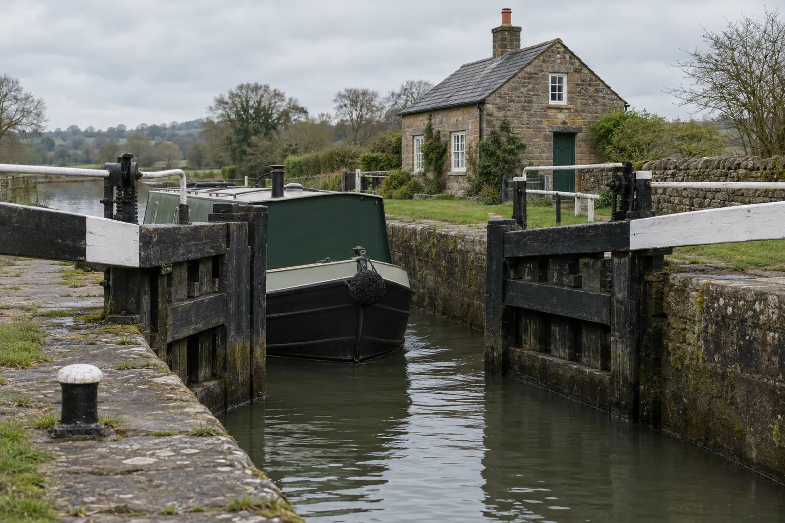 The bow of a green narrowboat nosing between open lock gates, a stone lock cottage behind