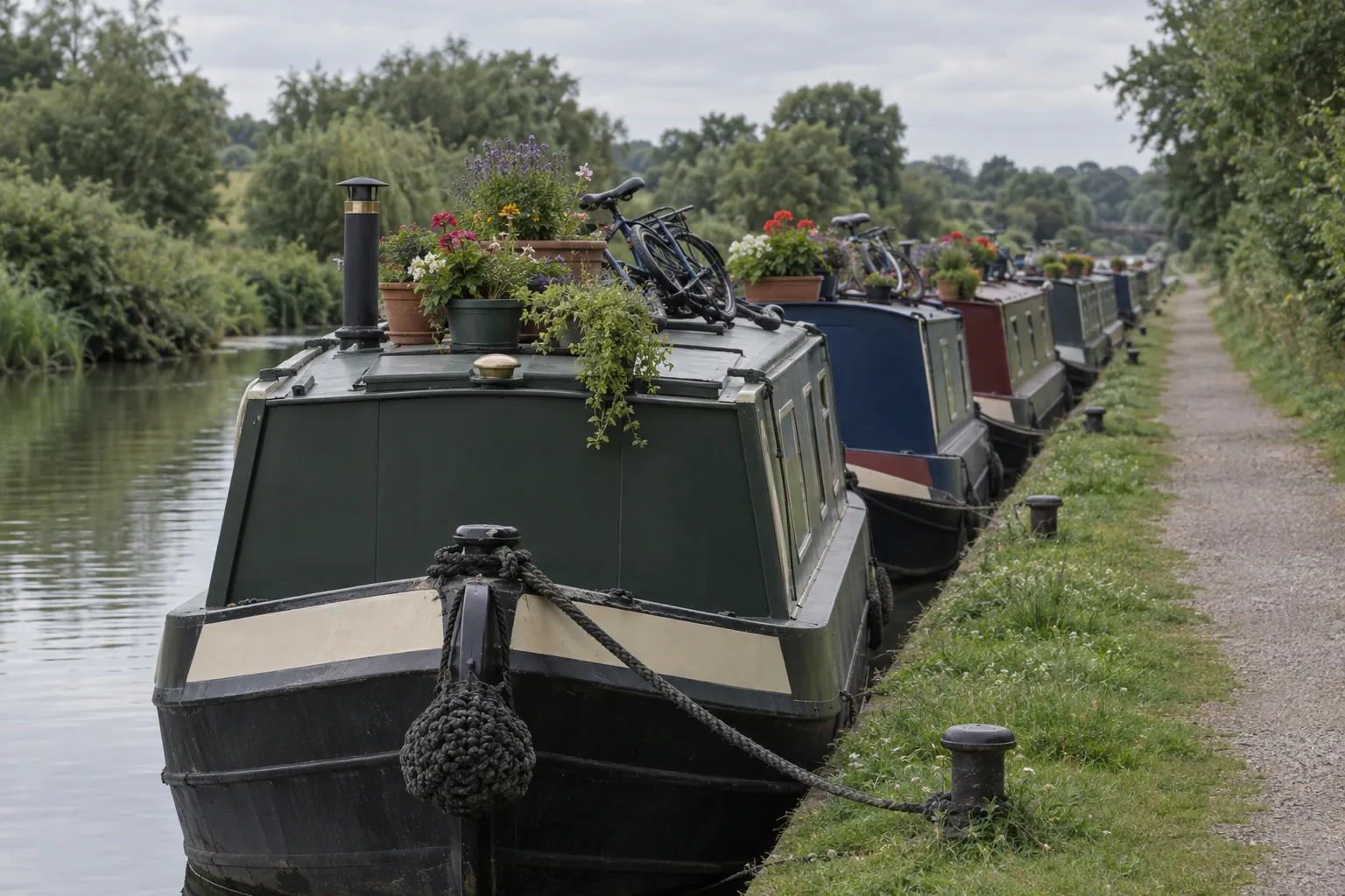 A row of narrowboats moored bow to stern, pots and bikes on their roofs