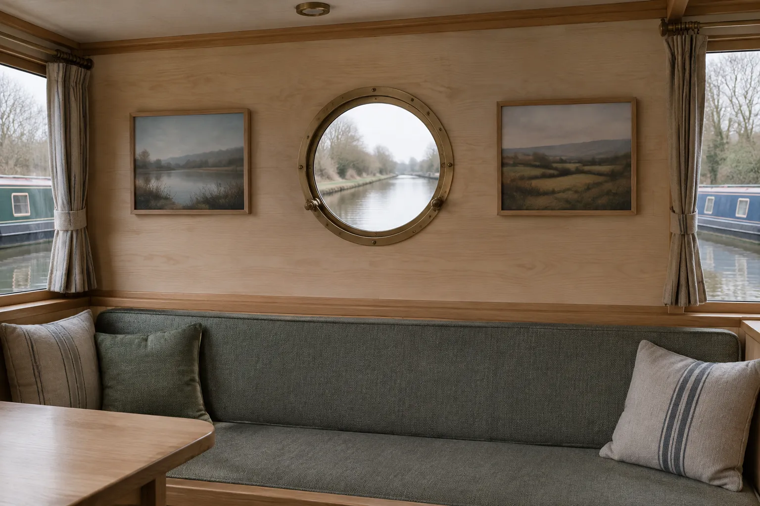 Two small framed landscapes either side of a brass porthole, above a green bench seat in a narrowboat saloon