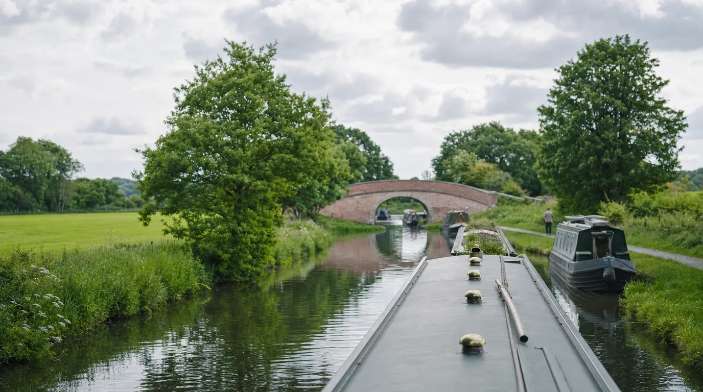 Looking down a canal from a boat's cabin roof towards a brick bridge, narrowboats moored on the towpath side.