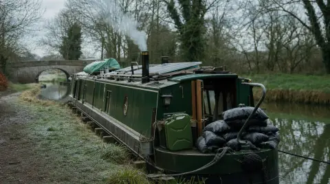 A lived-in narrowboat moored on a frosty morning, woodsmoke rising, coal sacks and solar panels on deck.