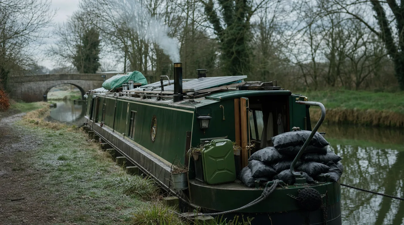 A lived-in narrowboat moored on a frosty morning, woodsmoke rising, coal sacks and solar panels on deck.