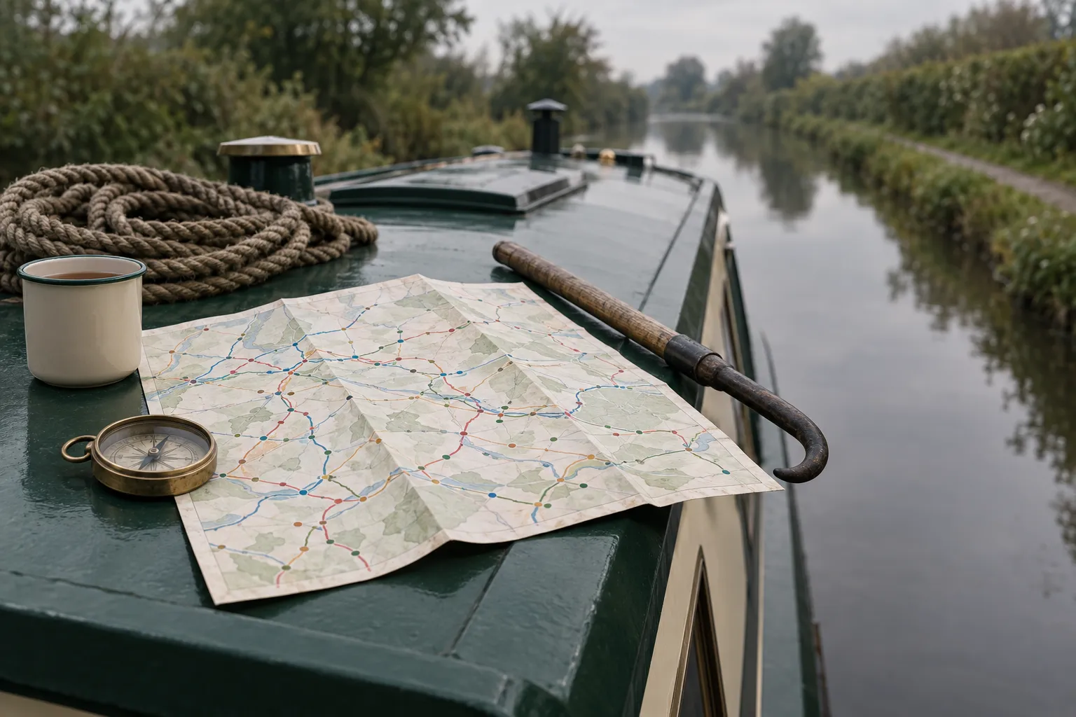 A folded paper map on a narrowboat cabin roof beside a brass compass and a mug of tea. AI-generated illustration.