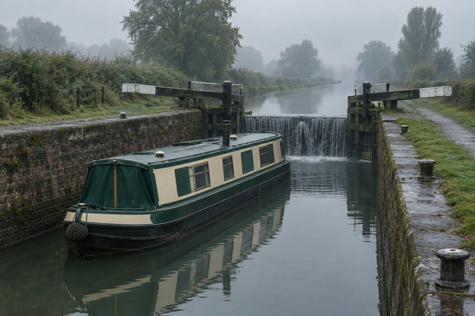 A narrowboat in a canal lock on a misty morning, water spilling over the top gate.