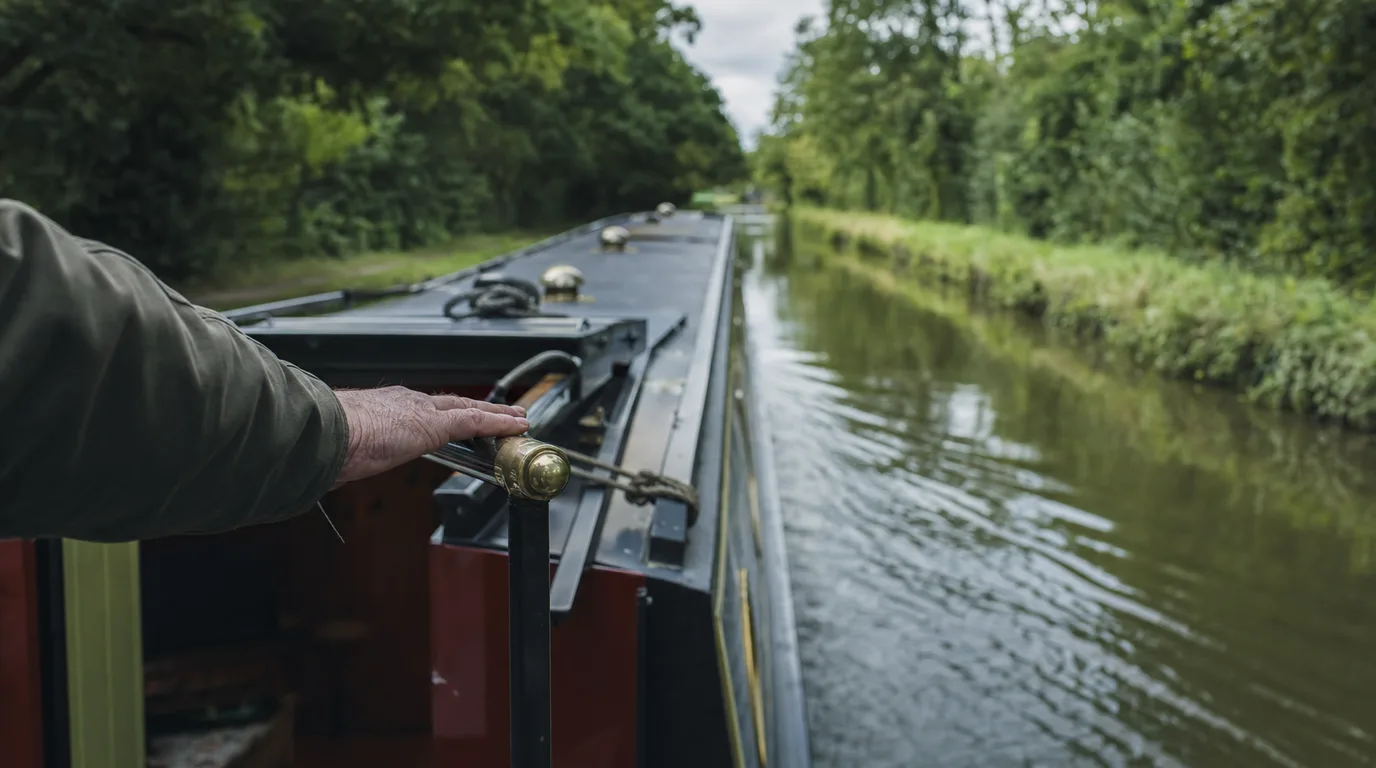 A hand resting on a narrowboat's brass tiller as the boat runs down a tree-lined canal.