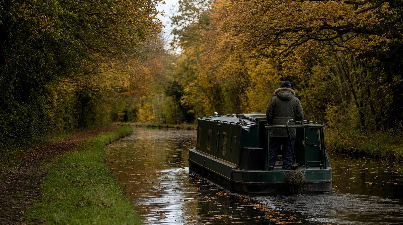 A narrowboat cruising an autumn canal in golden light, the steerer at the stern tiller.