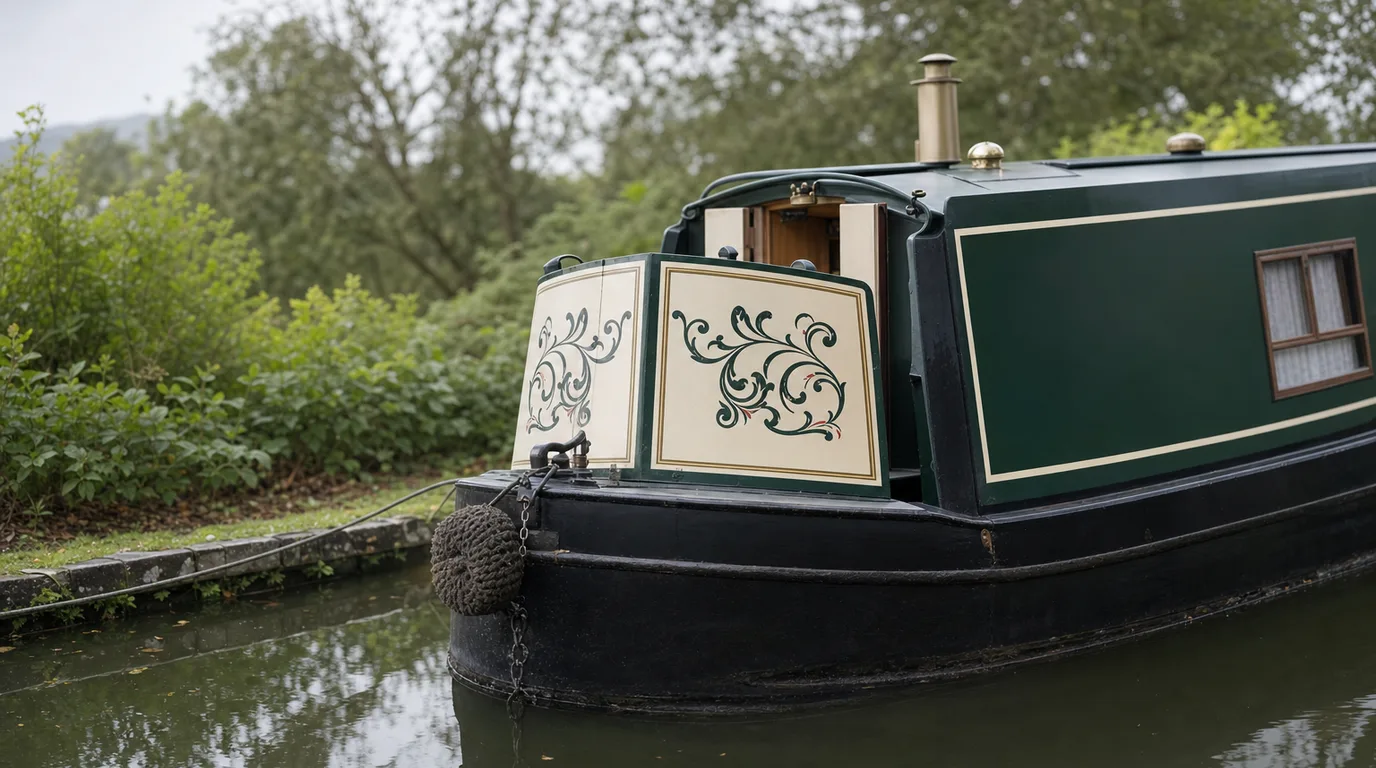 The stern of a traditional narrowboat with cream scrollwork panels and a blank hull, no name painted.