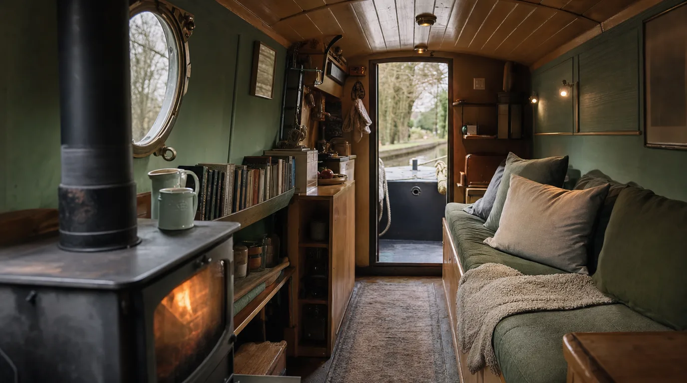 A lived-in narrowboat cabin: a lit stove, shelves of books, a cushioned sofa and the stern doors open to the canal.