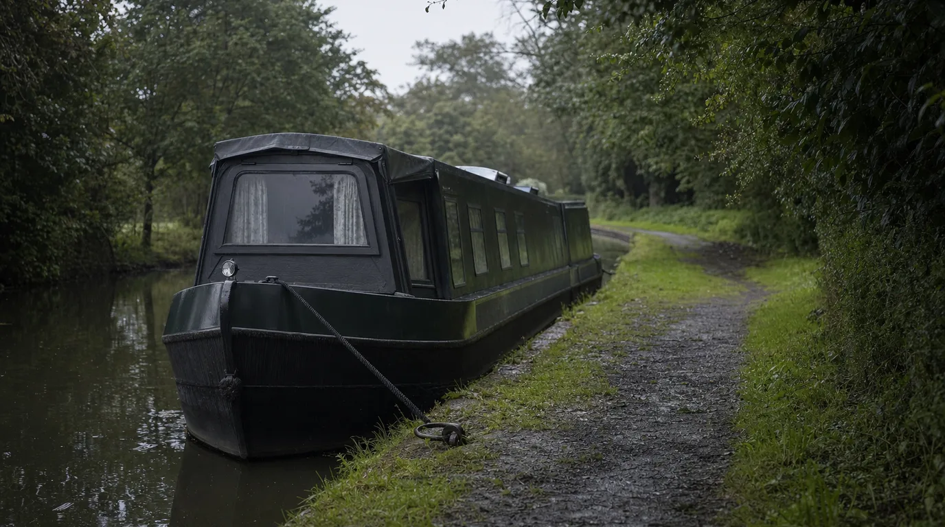 A black narrowboat moored against a grassy towpath on a grey day.