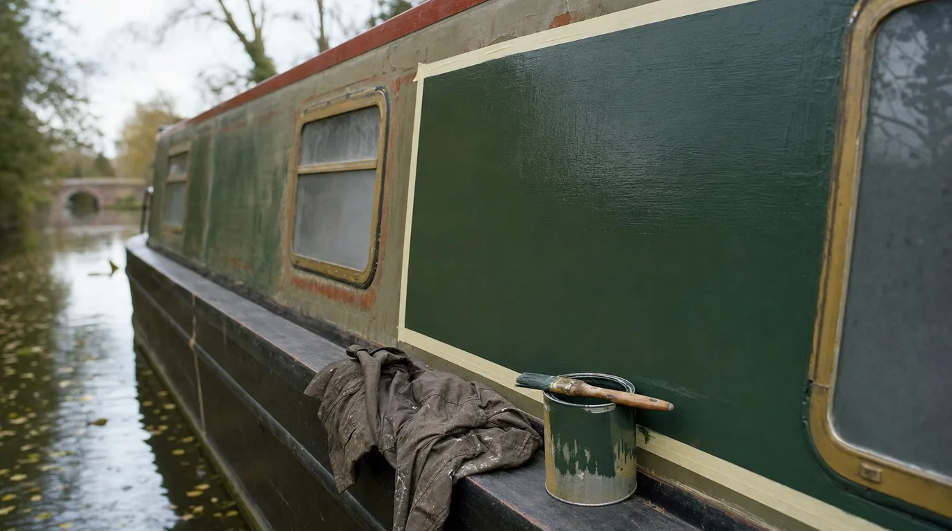 A narrowboat cabin side masked off for painting, a brush resting across a tin of green enamel.