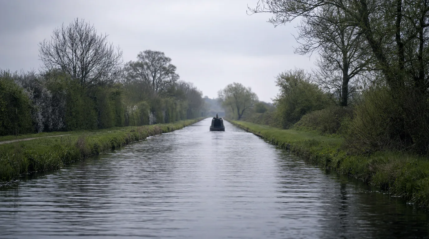A long straight canal stretching into the distance, a narrowboat cruising away under grey skies.