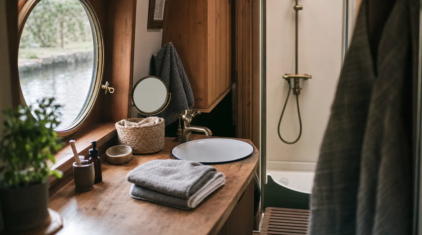 A compact narrowboat bathroom with a porthole above the basin, towels and a shower behind.