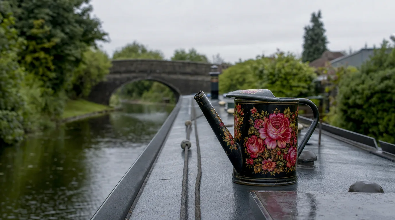A roses-and-castles painted watering can standing on a narrowboat's cabin roof, a bridge behind.