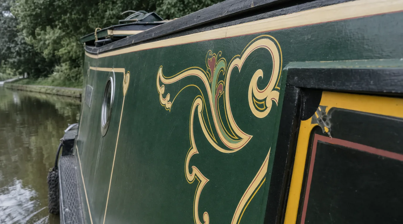 Painted scrollwork on the green cabin side of a traditional narrowboat.