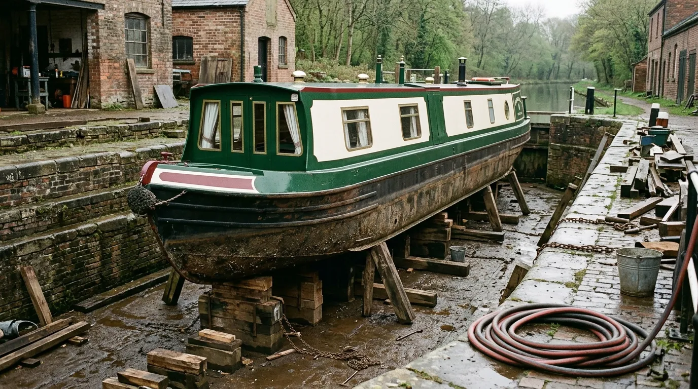 A narrowboat standing on blocks in a brick-walled dry dock, her hull out of the water.