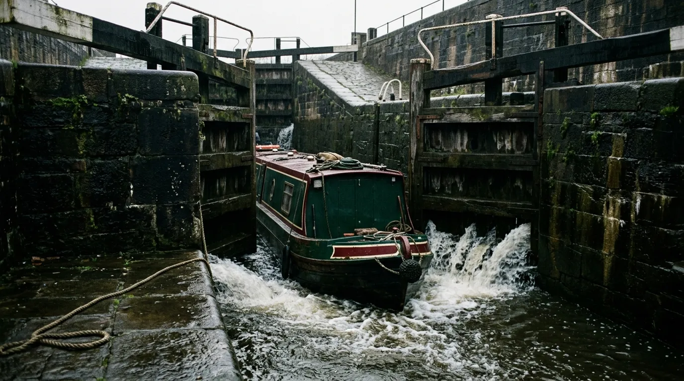 A narrowboat sitting low in a lock chamber as water floods in past the closed gates.