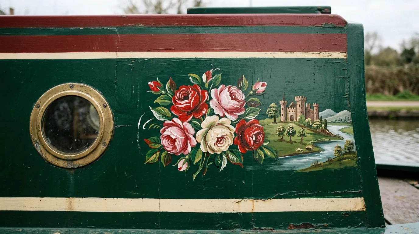 Hand-painted roses and a castle on the green cabin side of a narrowboat, beside a brass porthole.