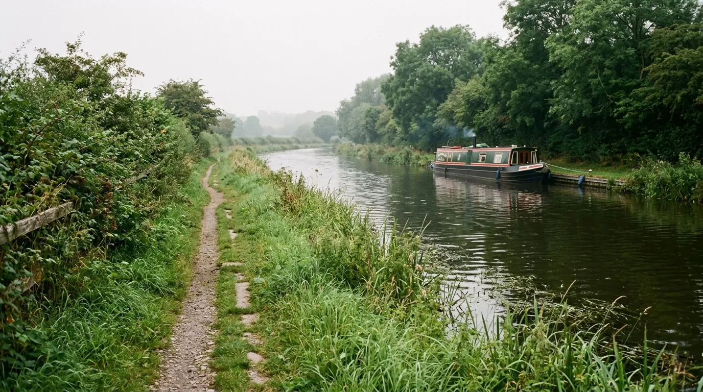 A narrowboat moored on a misty rural canal, the towpath running away between the trees.