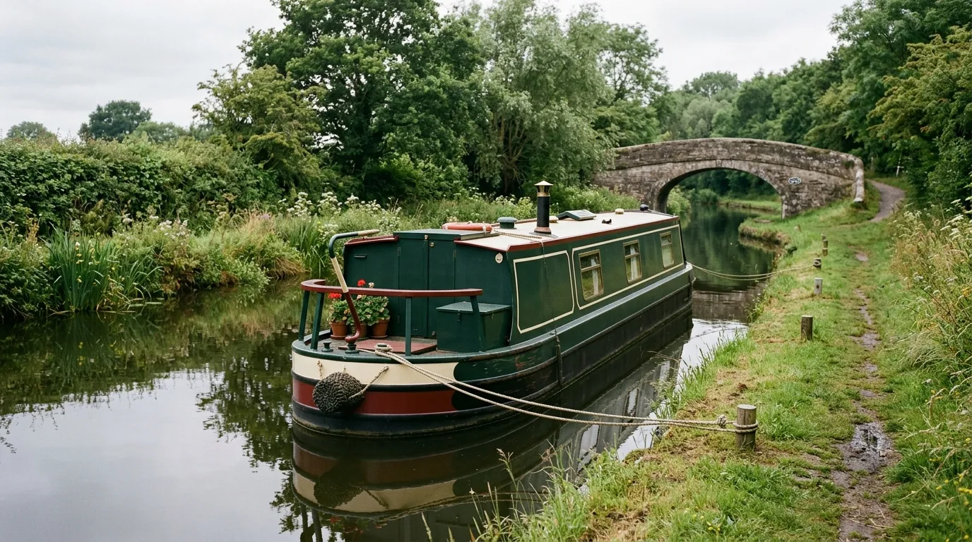 A traditional bottle-green narrowboat moored on a still English canal beside a stone bridge.