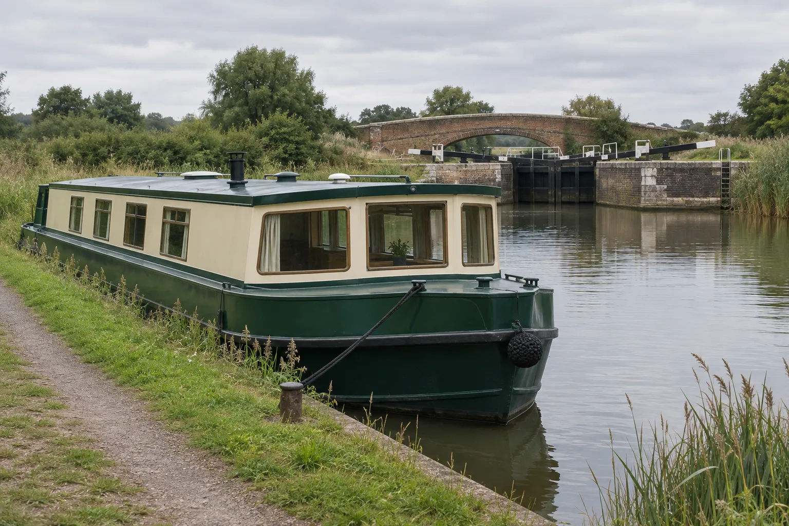 A wide-beam canal boat moored beside a towpath, its cabin much broader than a traditional narrowboat.