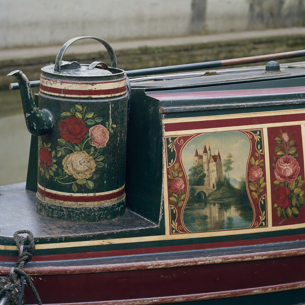Traditional canal boat art — a roses-and-castles painted Buckby water can and a decorated cabin panel showing a castle and bright roses on a bottle-green ground