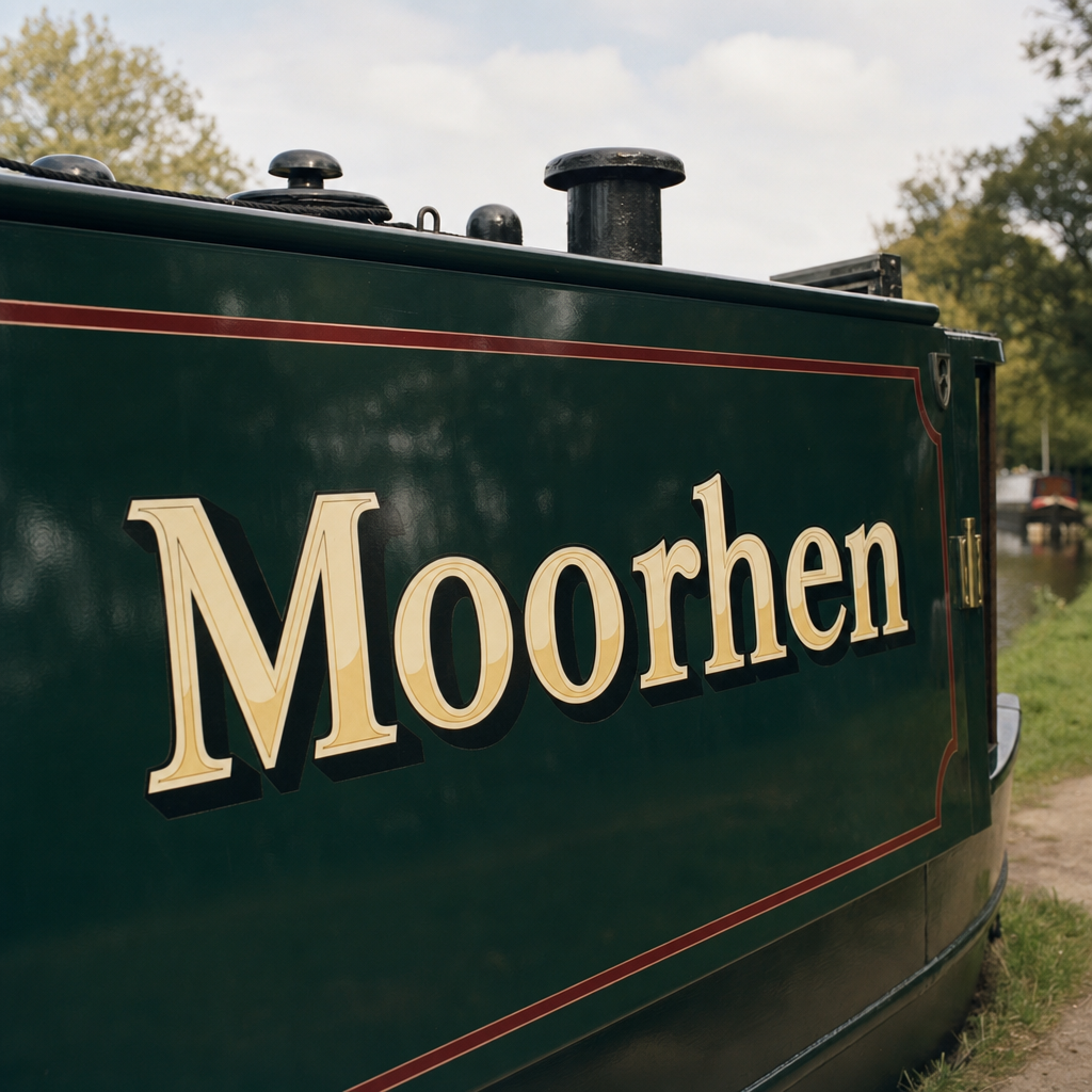 Traditional narrowboat signwriting — the boat name lettered in a cream shaded serif with drop shadow on a bottle-green cabin side with an oxblood-red coachline