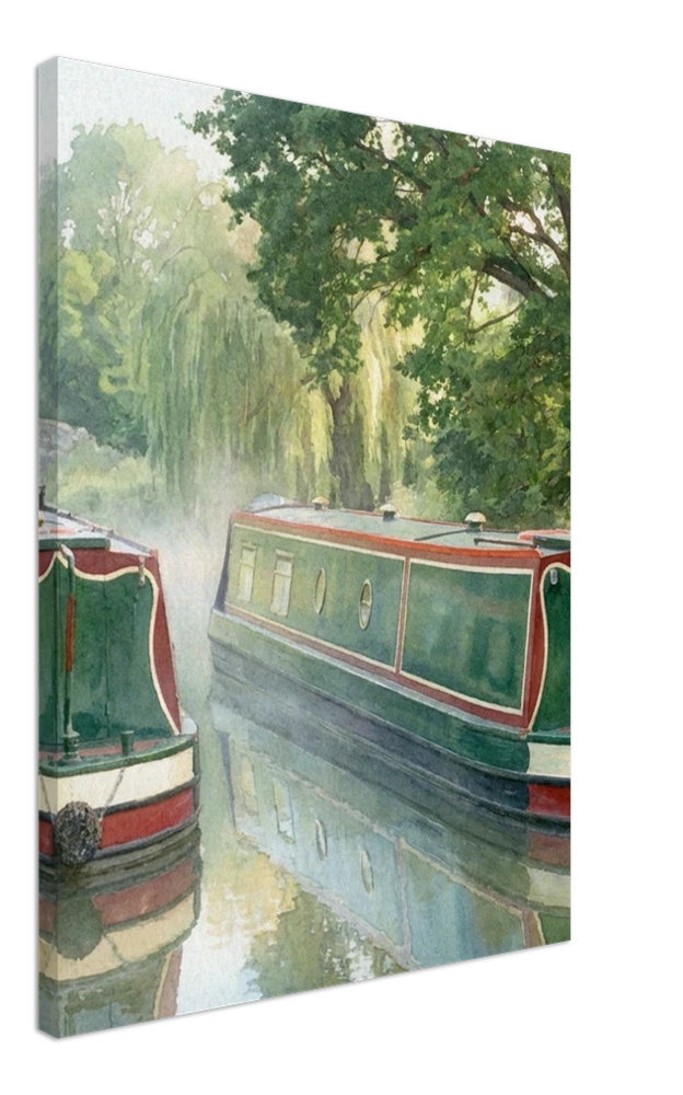 Gelato product render: an example narrowboat watercolour, standing in for your own photograph, on a stretched canvas, seen at an angle