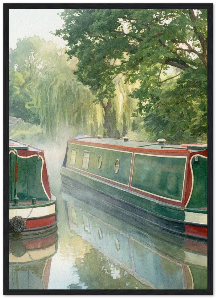 Gelato product render: an example narrowboat watercolour, standing in for your own photograph, printed and framed in a black frame
