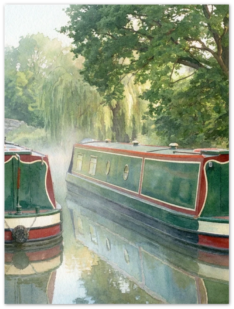 Gelato product render: an example narrowboat watercolour, standing in for your own photograph, printed edge to edge on a frameless metal panel