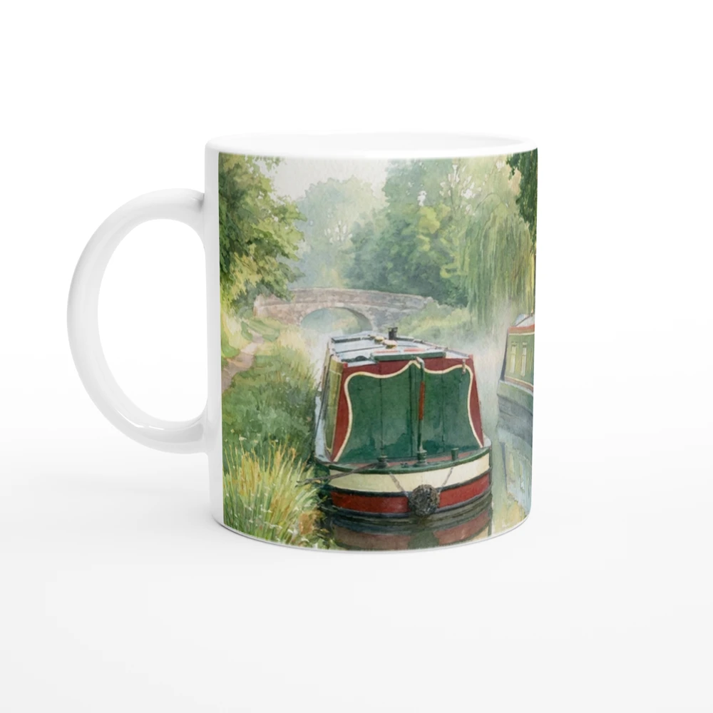Gelato product render: an example narrowboat watercolour, standing in for your own photograph, printed round the body of a white ceramic mug