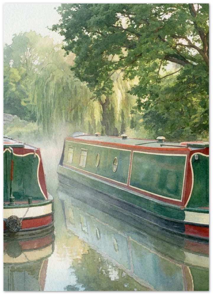 Gelato product render: an example narrowboat watercolour, standing in for your own photograph, on an unframed paper print